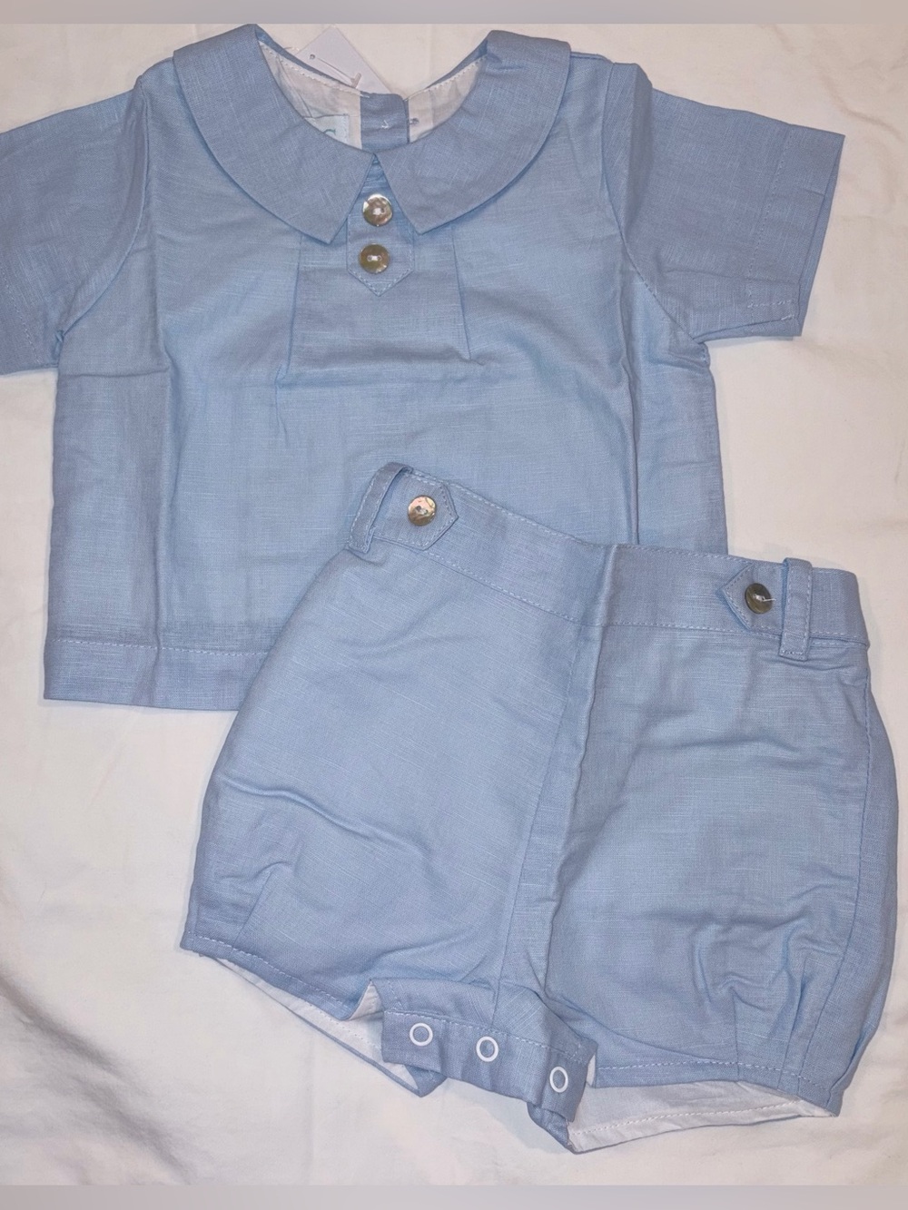 The Oaks Apparel Co Joseph Blue Linen Short Set fully lined sz 12 months NWT